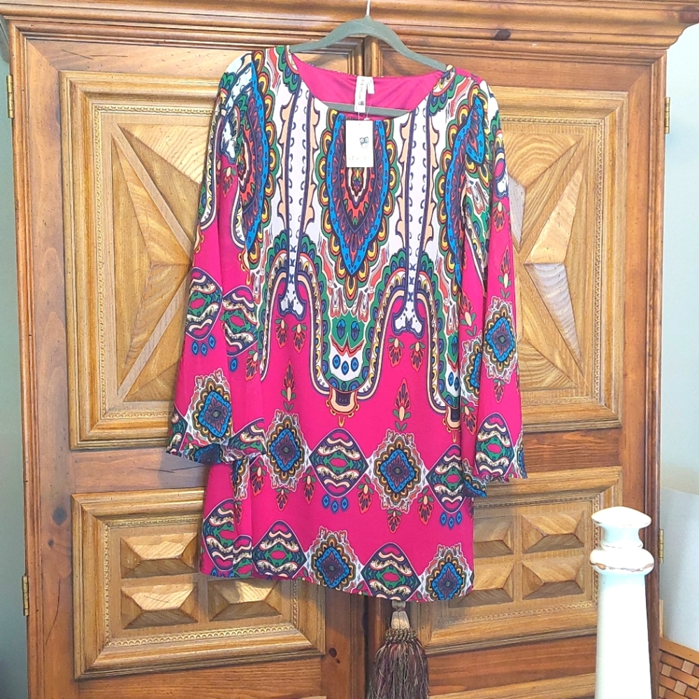 Ethnic print sheer sleeve dress